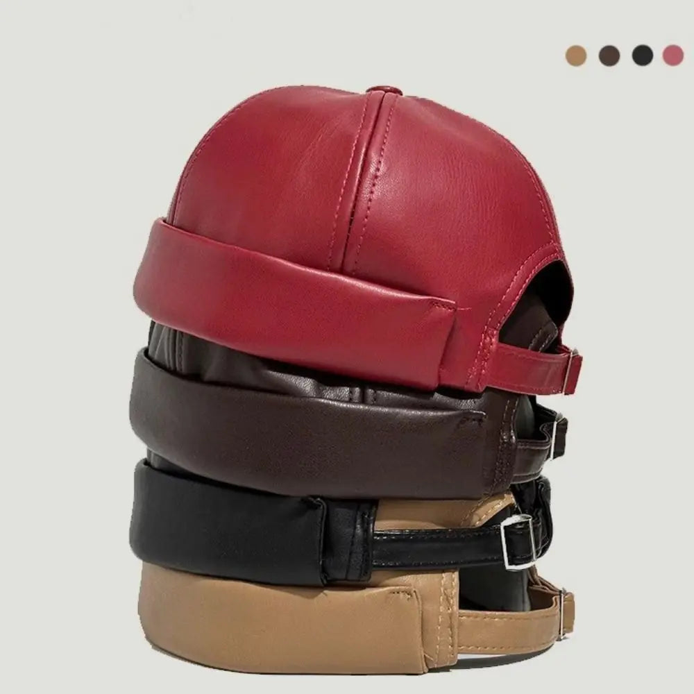 Casual Retro Brimless Hat PU Leather Adjustable Melon Skin Caps Solid Color Docker Cap Autumn Winter