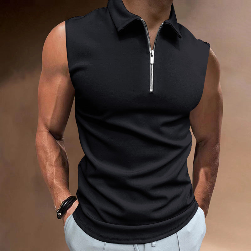 Men's Solid Color Sleeveless Polo Shirt - Casual Tops