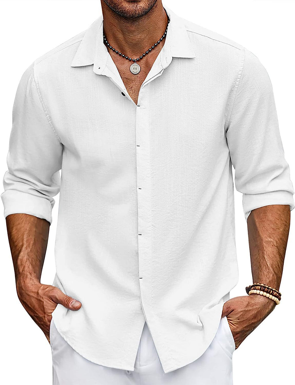 Solid-color collarless shirt