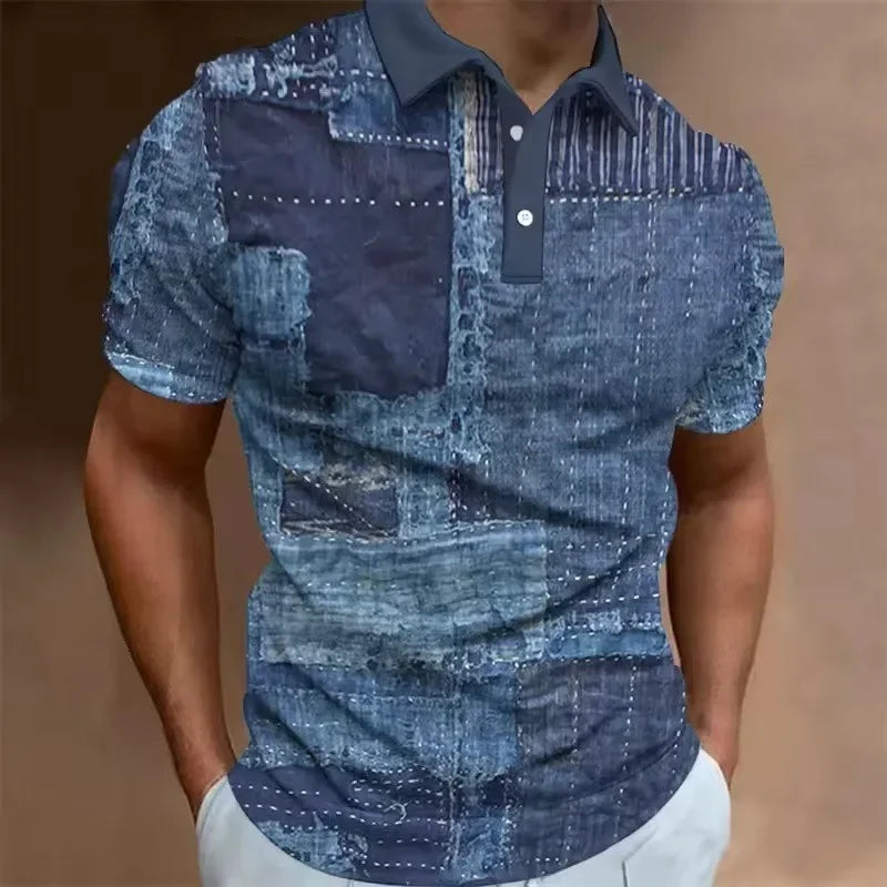 Men's 3D Printed Patchwork Polo Shirt with Retro Pattern, Summer Casual Collar Top