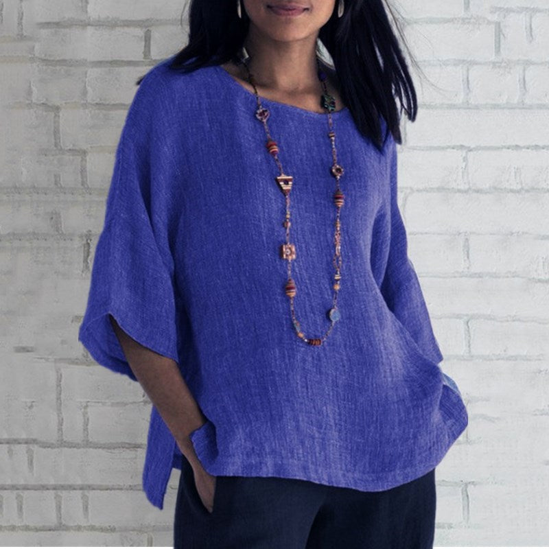 The Women's Three-Quarter Sleeve Round Neck Linen Shirt Top