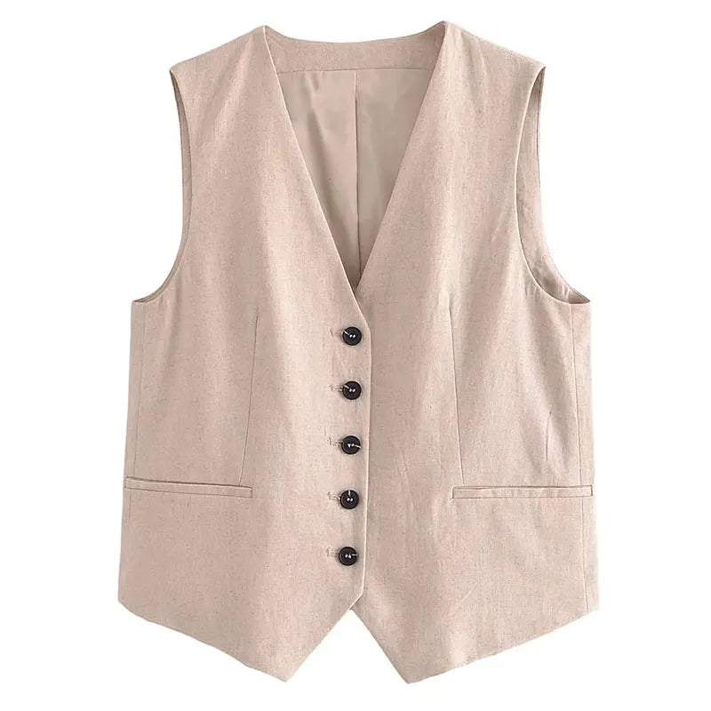 HH Fashion Vintage Sets For Women 2 Pieces Solid Linen V Neck Waistcoat Single Breasted Loose Vest Top Chic Casual Short Y2k