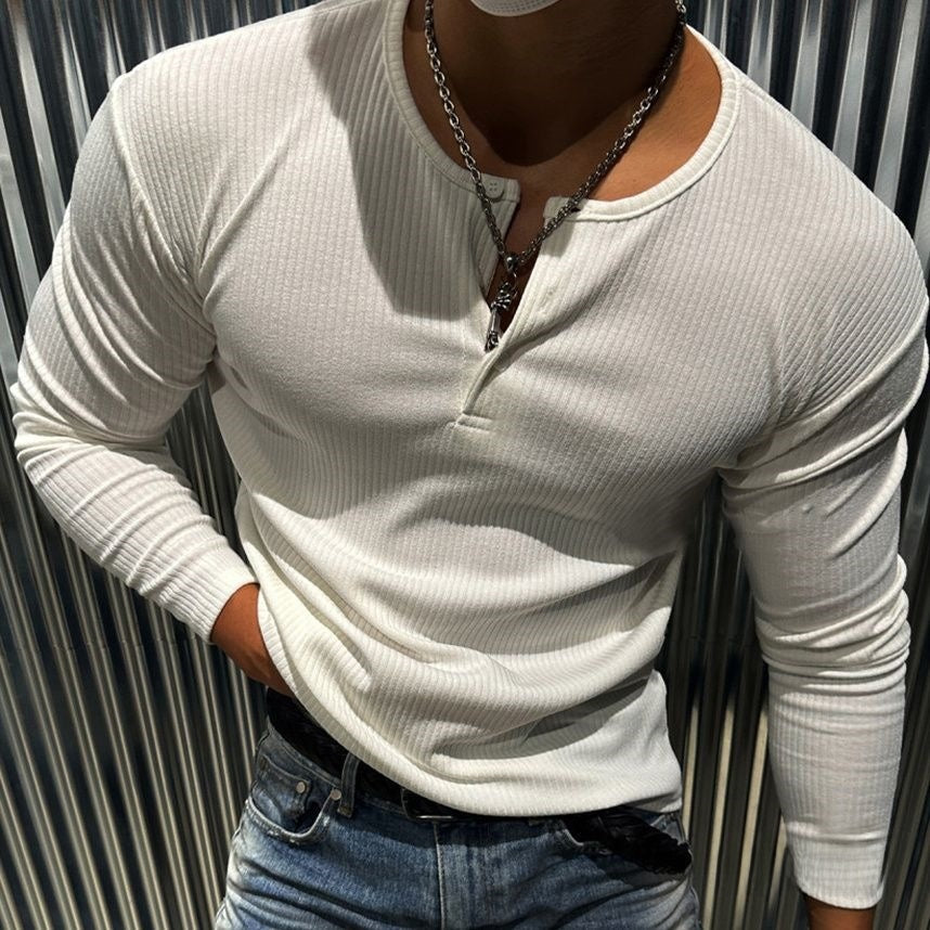 Solid Color Ribbed Polo Shirt Long Sleeve