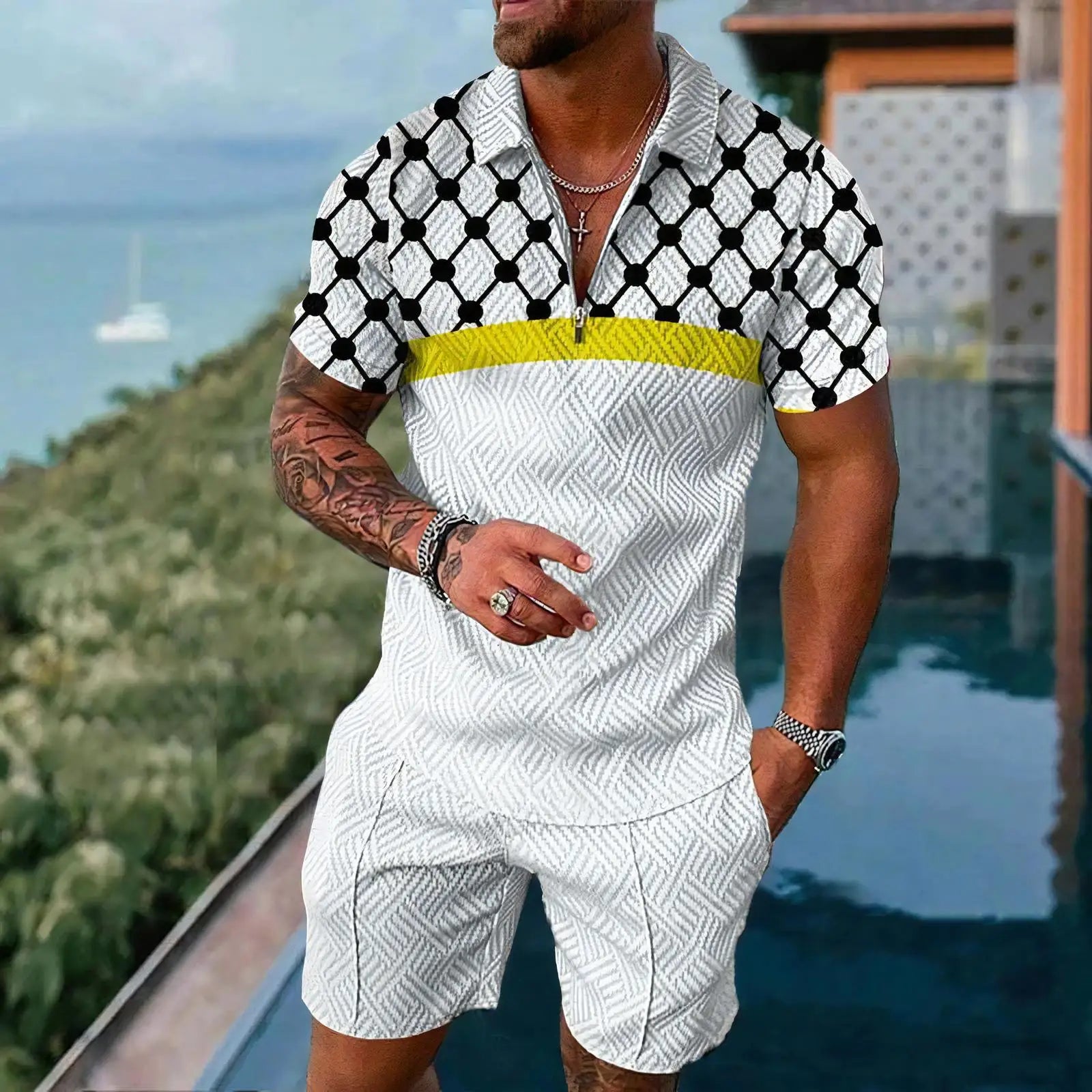 New White Plaid Graphic Men's Polo Shirt Sets