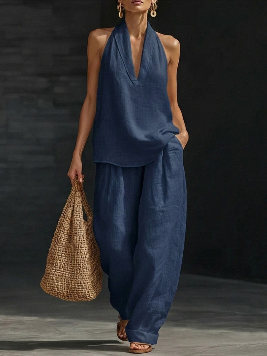 French Style Halter Top and Wide-Leg Pants