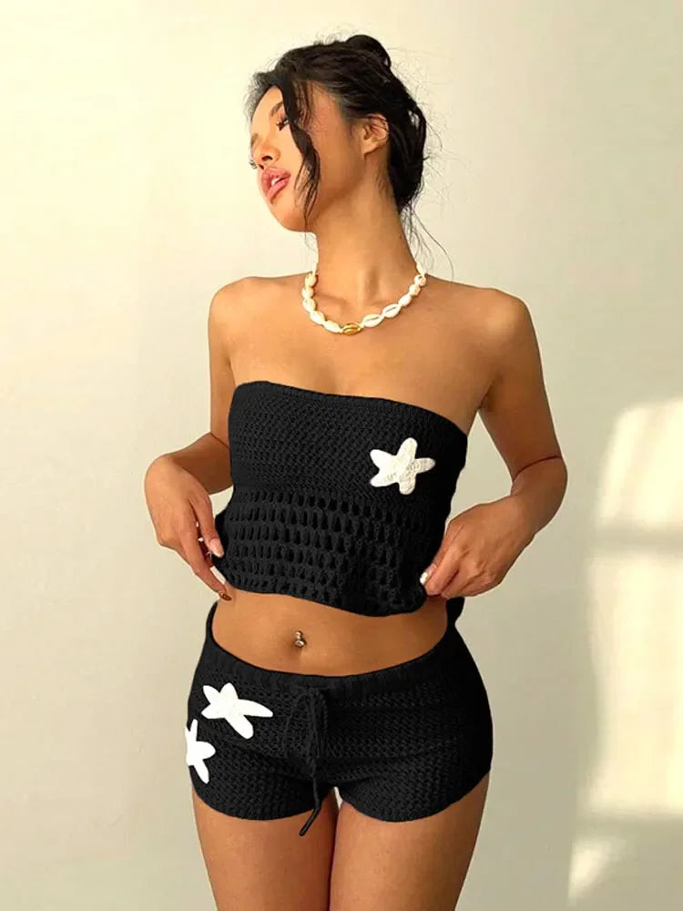 Sexy Crochet Crop Top Suit Women Strapless Backless Lace Up Tops Drawstring High Waist Shorts Female Sets  Summer Lady Suit