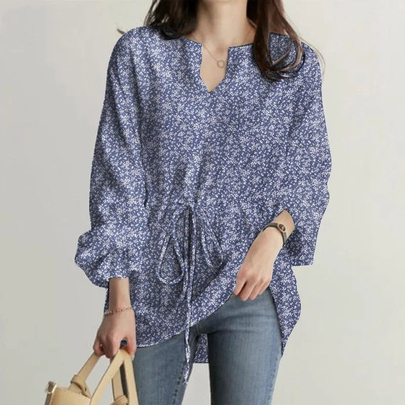 2023 Women's Long Sleeve V-Neck Floral Top with Bell Sleeves