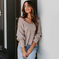 Solid Color Long Sleeve V-Neck Casual Sweater