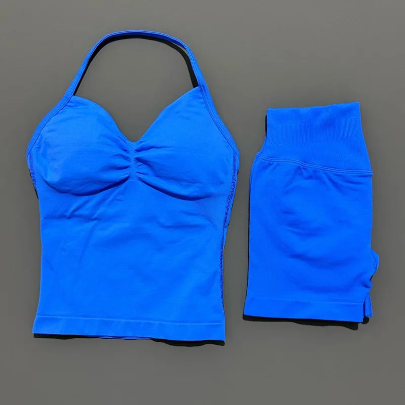 2 Piece Impact Sports Set Women Backless Halter Tops Fitness Tank Top High Waist Seamless High Stretch Shorts Gym Workout Sets
