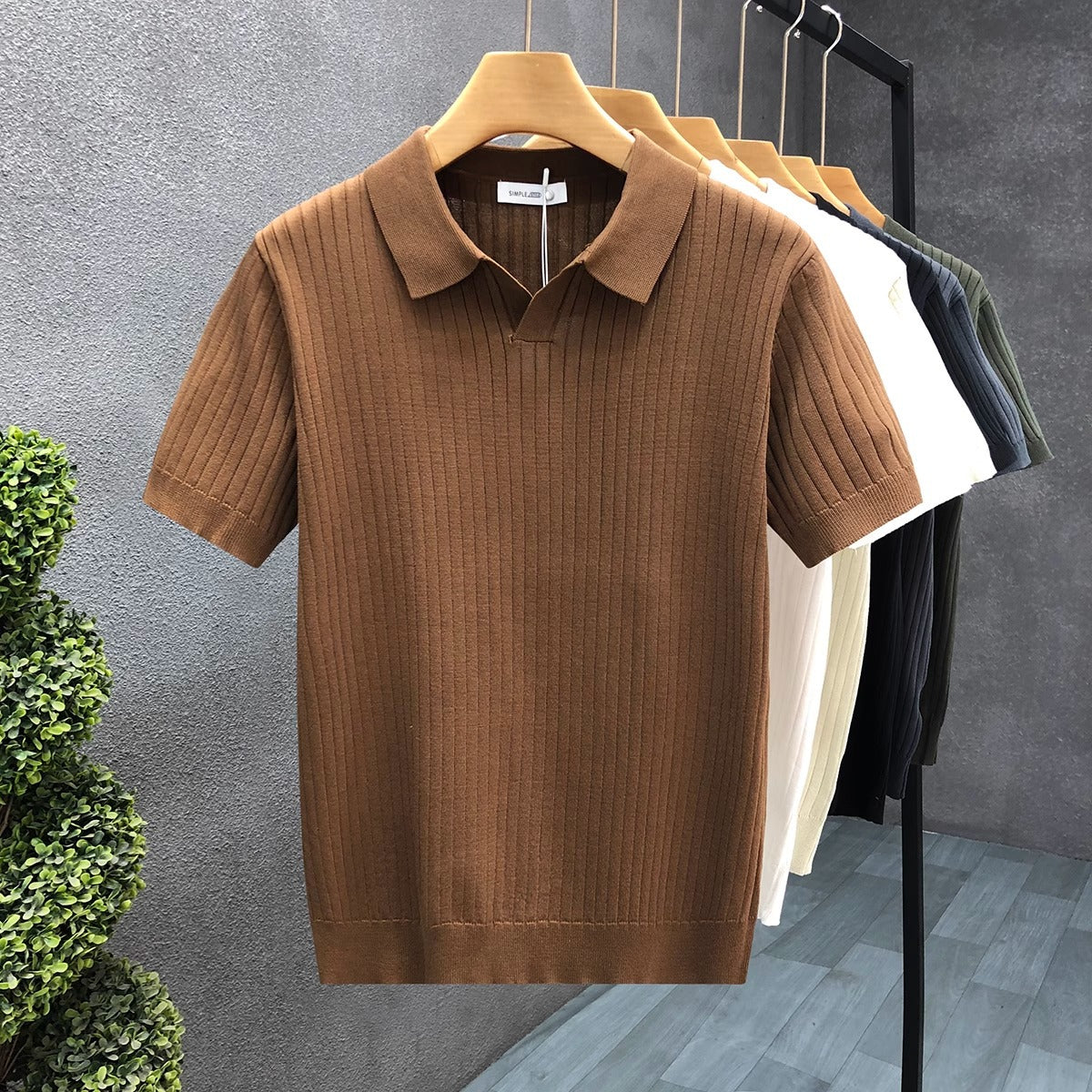 Mens Striped V-Neck Polo Shirt