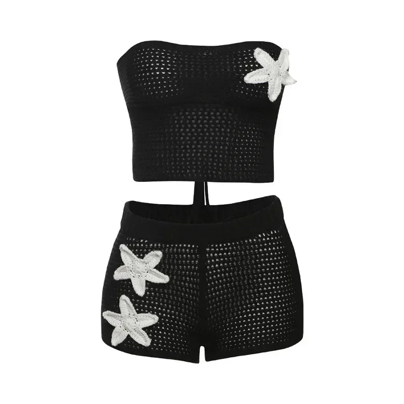 Sexy Crochet Crop Top Suit Women Strapless Backless Lace Up Tops Drawstring High Waist Shorts Female Sets  Summer Lady Suit