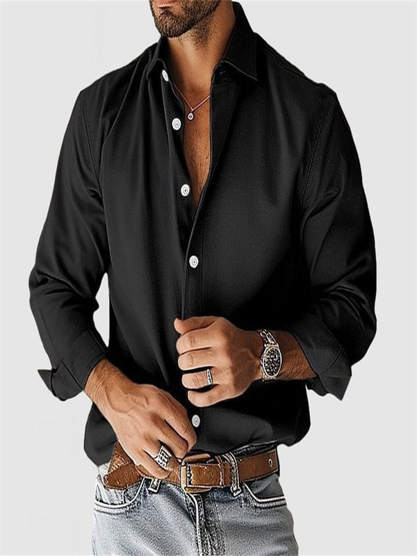 Casual, versatile, notched-collar, button-up solid-color men's top