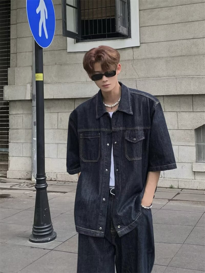 Denim Shirt Short Sleeve Men's Retro Washed