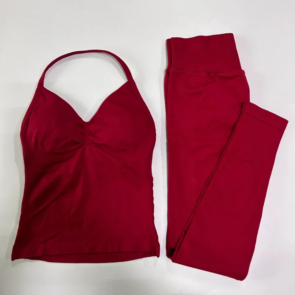 NO LOGO 2 Pieces Leggings Set Women Seamless Yoga Set Backless Tank Tops High Waist Scrunch Suit Fitness Scrunch Gym Sportswear