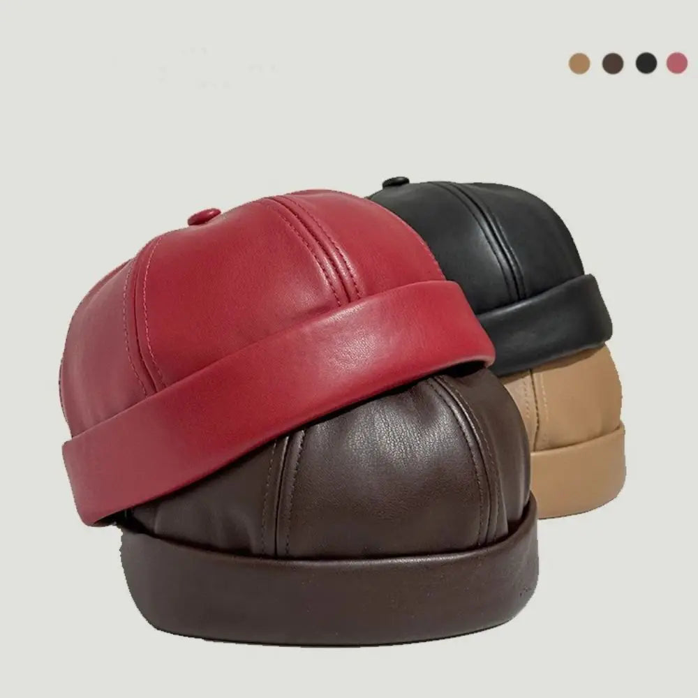 Casual Retro Brimless Hat PU Leather Adjustable Melon Skin Caps Solid Color Docker Cap Autumn Winter