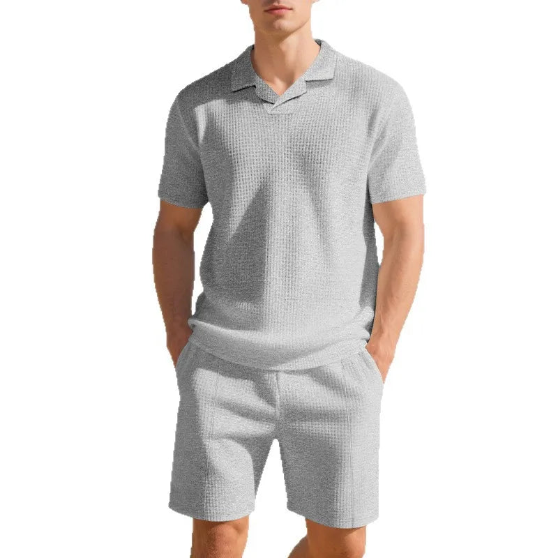 Balmacaan Collar Waffle-knit Polo Shorts Set