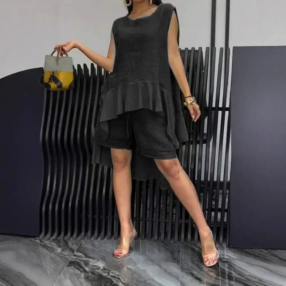Women's Cotton Linen Two Piece Set Irregular Ruffle Hem Sleeveless Top Drawstring Shorts Summer Casual Outfit Retro Female Wear