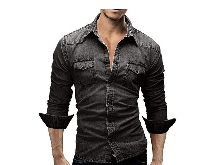 Men's Long Sleeve Denim Shirt Casual Solid Color Stitched