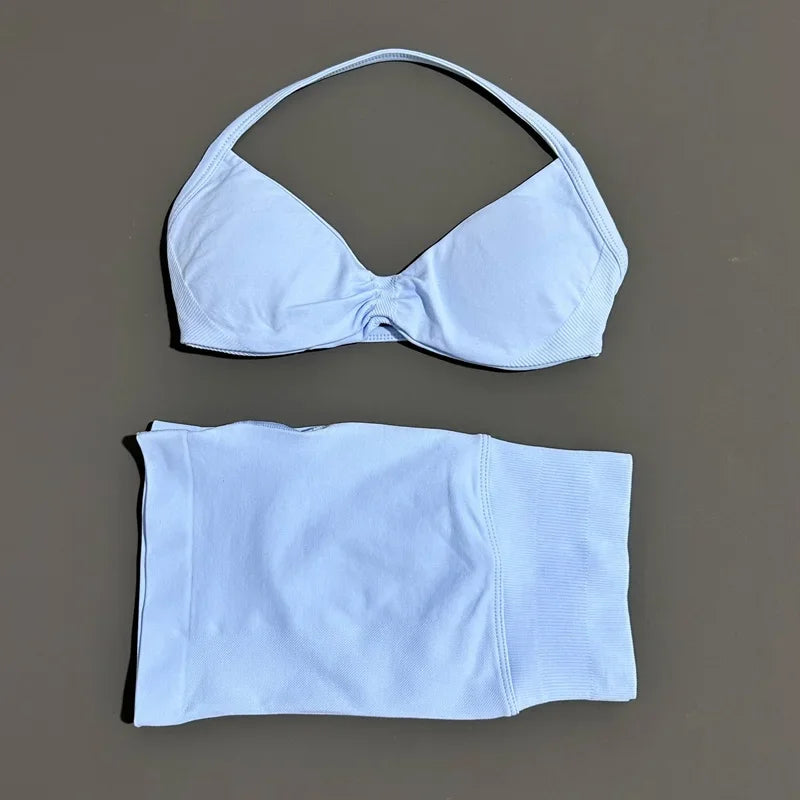 2 Piece Sports Set Women Strappy Yoga Bra Gym Workout Scrunch Shorts Sports Suit Fitness Clothes Seamless Yoga Set