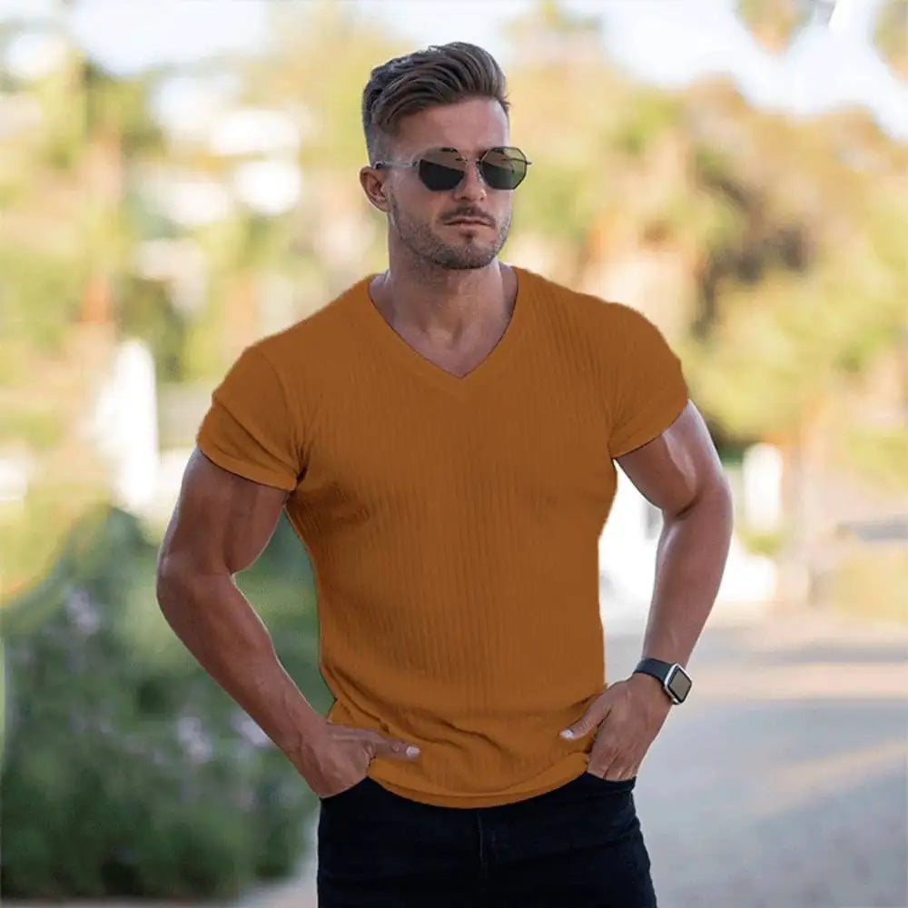 High Stretch Ice Silk Knit Stripe POLO Shirts Mens Slim Short-Sleeve Tops Tee Tshirt Lapel Neck Undershirt
