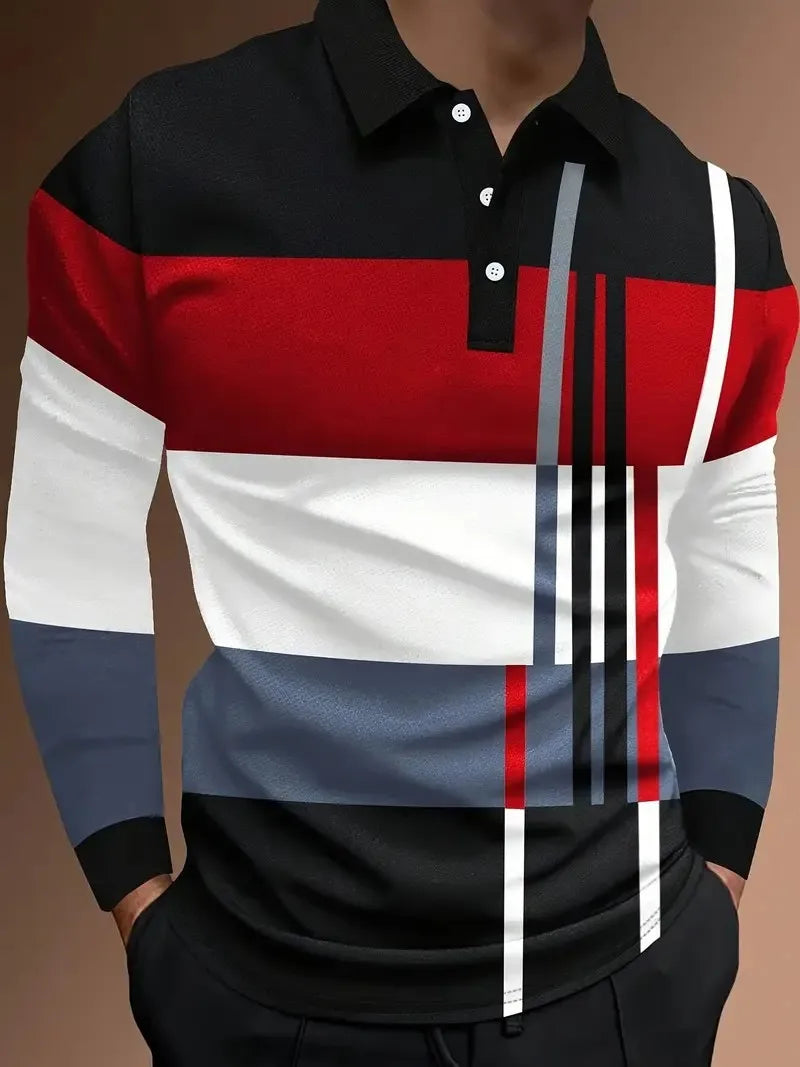 The new men's long-sleeved POLO shirt for Spring and Autumn 2025 is casual fashionable and comfortable with 3D striped printing