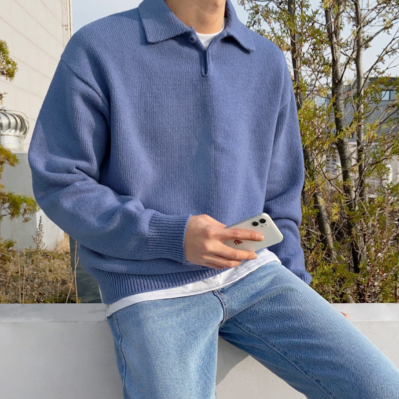Men's Polo Collar Knit Sweater Loose Casual Sweater