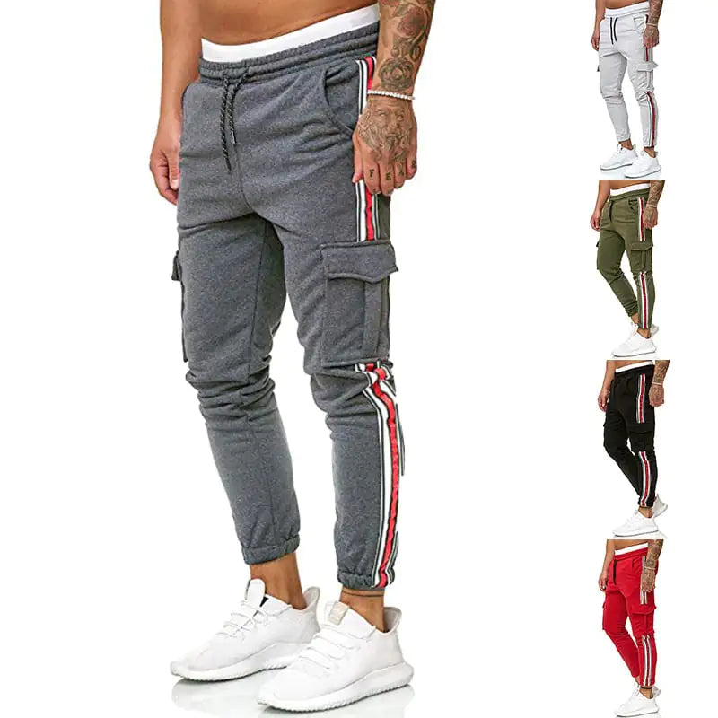 Men's Striped Drawstring Knee Pocket Casual Trousers