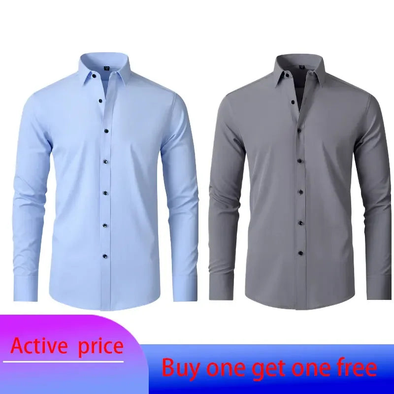 6xl New summer black men's shirt elastic force non-iron long-sleeved business casual shirt solid color mercerized vertical