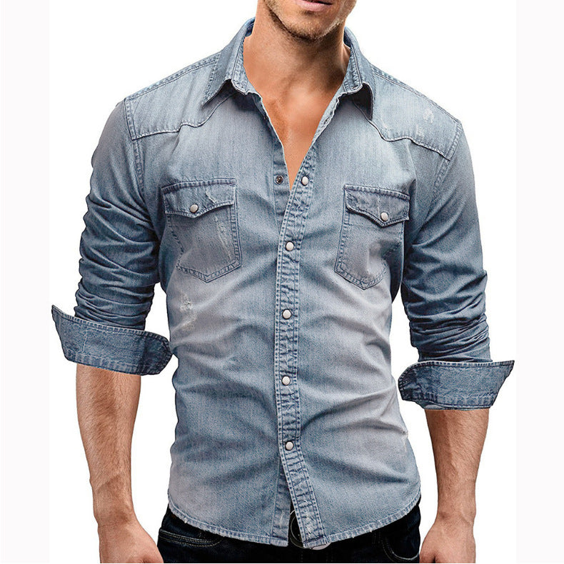 Men's Long Sleeve Denim Shirt Casual Solid Color Stitched