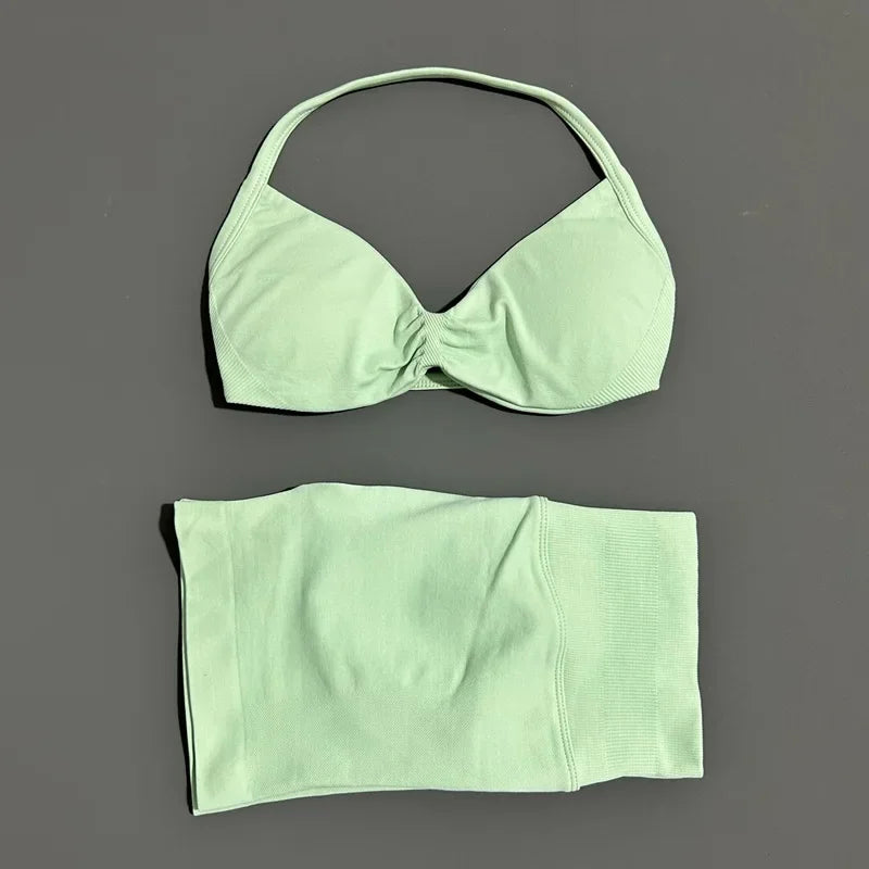 2 Piece Sports Set Women Strappy Yoga Bra Gym Workout Scrunch Shorts Sports Suit Fitness Clothes Seamless Yoga Set