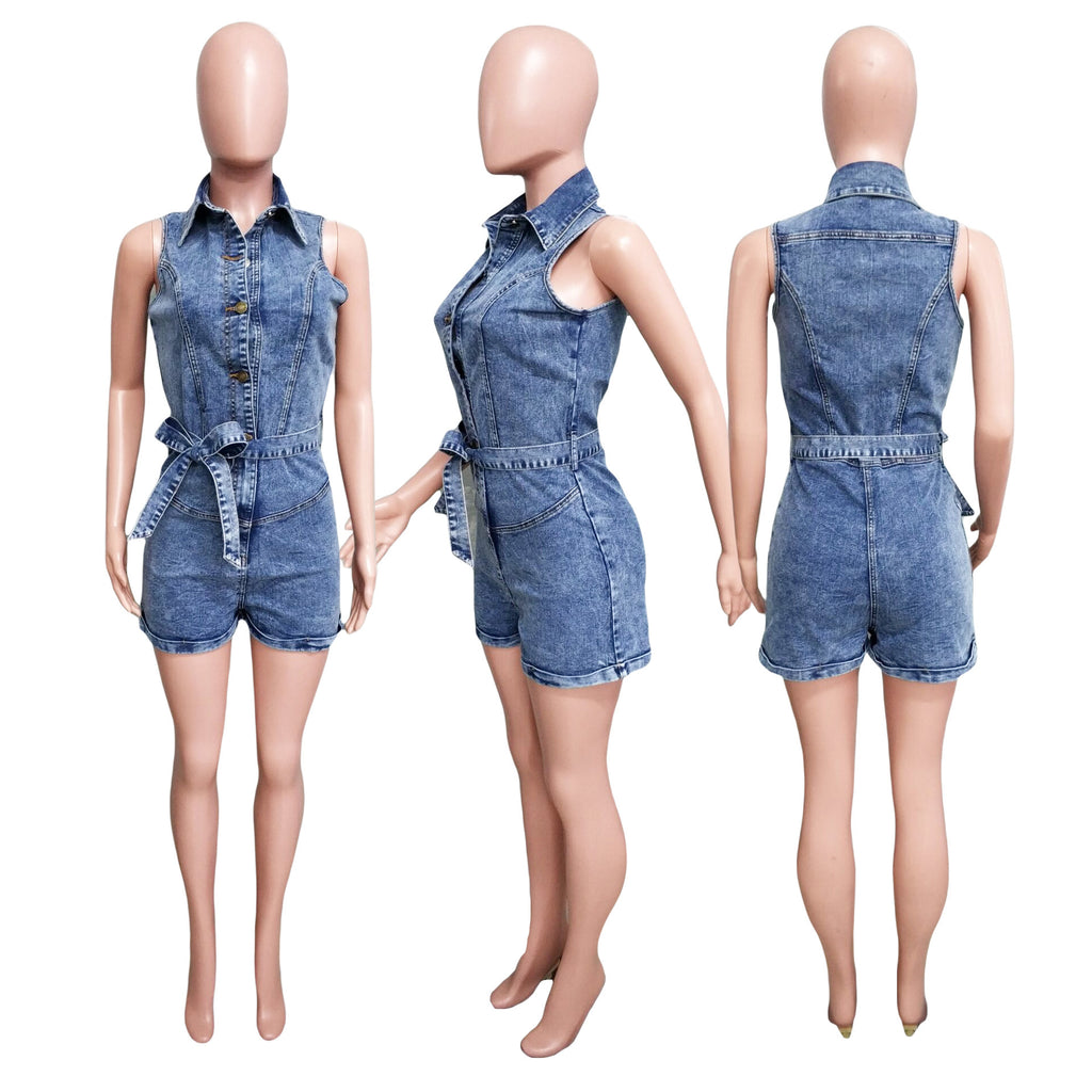 Sleeveless Denim Jumpsuit Shorts with Stretch Fit