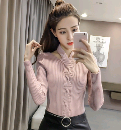 Women's Long Sleeve T-Shirt, Fashionable V-Neck Knit Top