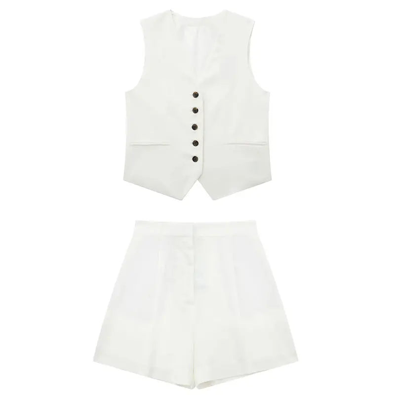 HH Fashion Vintage Sets For Women 2 Pieces Solid Linen V Neck Waistcoat Single Breasted Loose Vest Top Chic Casual Short Y2k