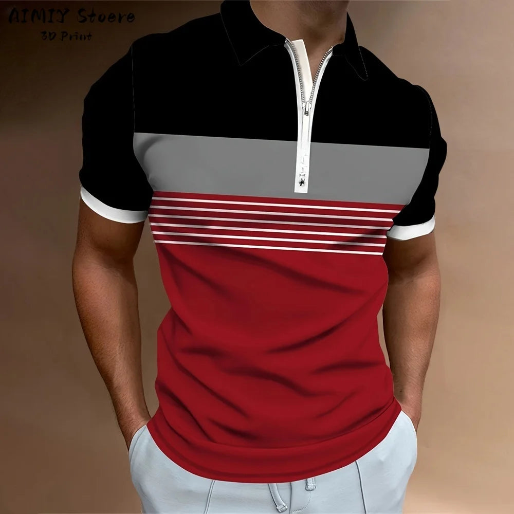 Men's Polo Shirt Striped Polo Shirt Casual Men's Top Short Sleeve Lapel Shirt White Base Gray Stripe Versatile Business Wear