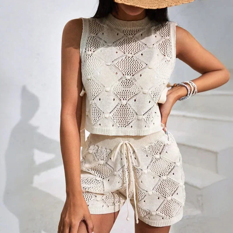 Handmade Knitted Vest Summer Style Hollow Solid Versatile Loose Design Round Neck Sleeveless Top Shorts Two Piece Set Women's