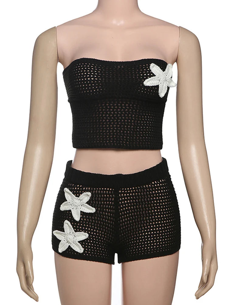 Sexy Crochet Crop Top Suit Women Strapless Backless Lace Up Tops Drawstring High Waist Shorts Female Sets  Summer Lady Suit