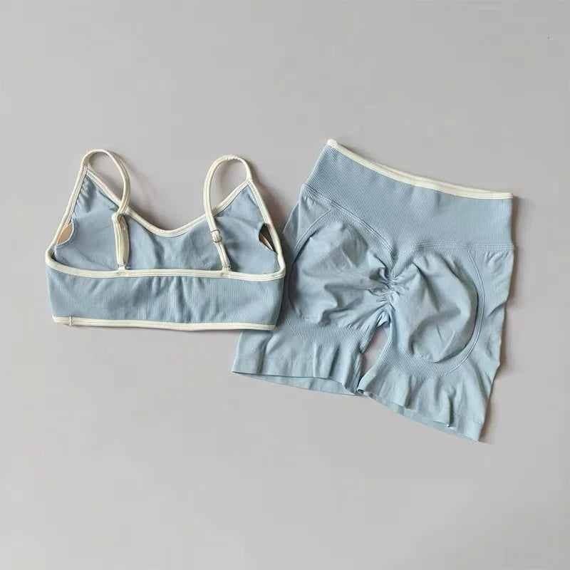 Peach Buttock Yoga Suit Women Gym Seamless Suspender Gathering Bra High Waist Hip Lifting Belly Tightening Shorts Fitness Set