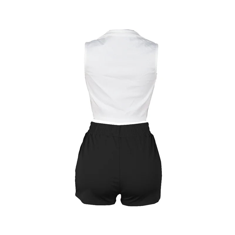 Slergiri Women's Casual Stripe Sleeveless O-Ring Zipper Crop Top with Shorts Elastic Slim Sports Two Piece Set Summer Streetwear