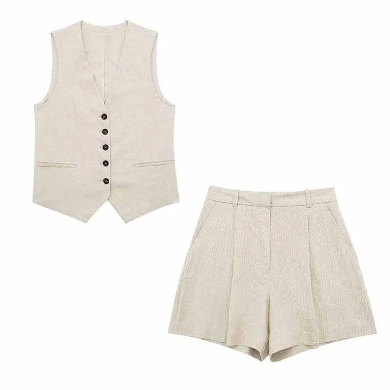 HH Fashion Vintage Sets For Women 2 Pieces Solid Linen V Neck Waistcoat Single Breasted Loose Vest Top Chic Casual Short Y2k
