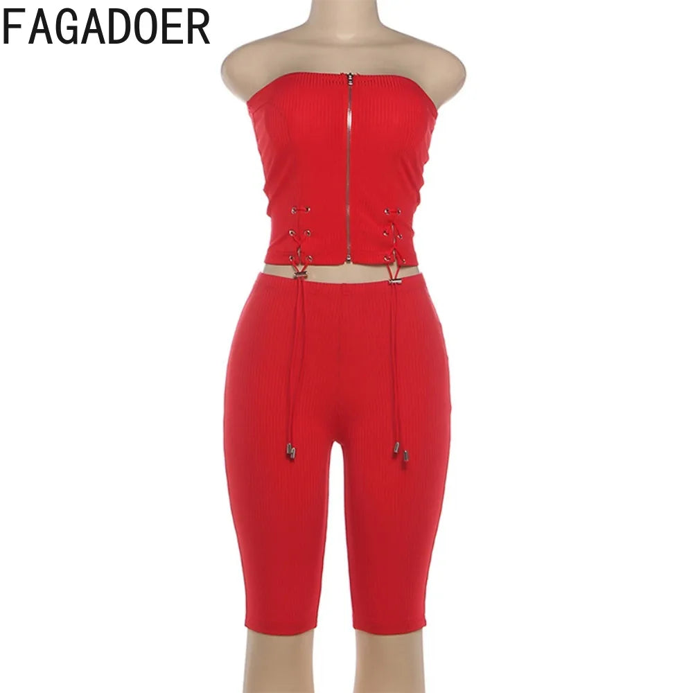 FAGADOER Sexy Drawstring Patchwork Woman 2 Piece Set Outfit Zip Sleeveless Backless Crop Top + Shorts Matching Female Streetwear