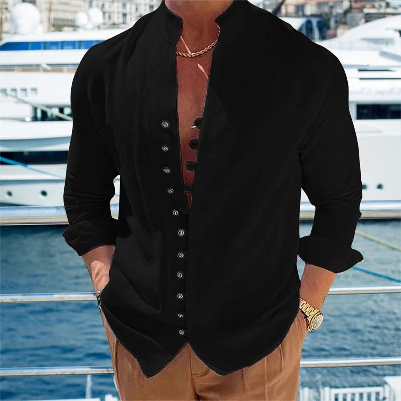 Men'S New Cotton and Linen Pocket Retro Stand-Up Collar Shirt