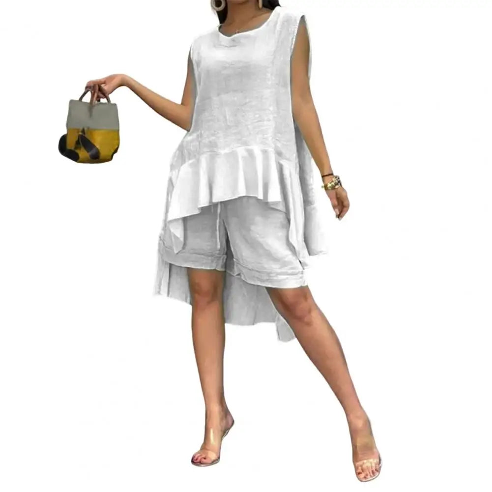 Women's Cotton Linen Two Piece Set Irregular Ruffle Hem Sleeveless Top Drawstring Shorts Summer Casual Outfit Retro Female Wear