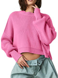 Saodimallsu Womens Cropped Oversized Sweaters Batwing Long Sleeve Crew Neck Side Slit Pullover Ribbed Knit Jumper Tops Hot Pink
