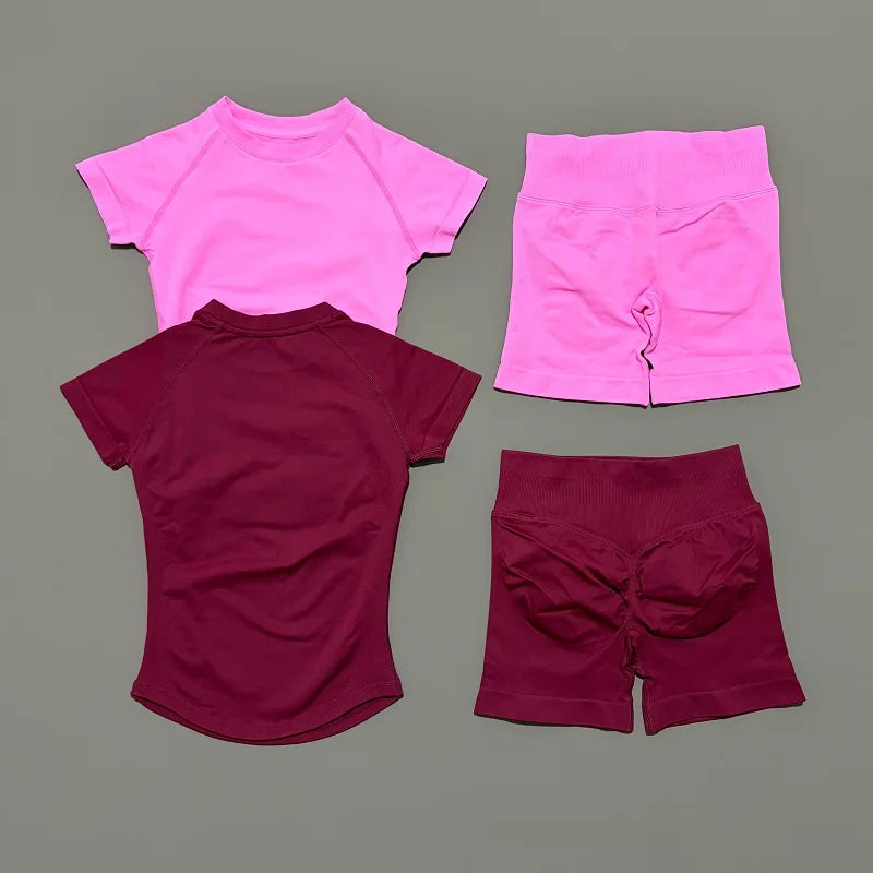 2 Pieces Impact Gym Sets Women Seamless knitted Yoga Short Sleeve Top Fitness Set Workout Running Sports Short Leggings Suit