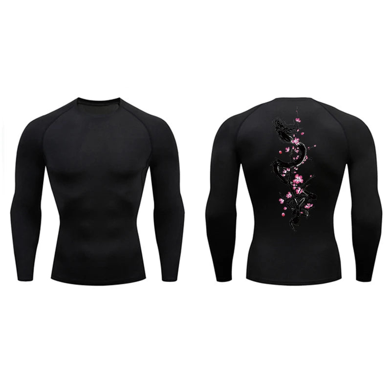 Dragon Blossom Print Compression Shirt for Men Athletic Quick Dry T-shirts Gym Workout Running Tees Long Sleeve Tops Activewear