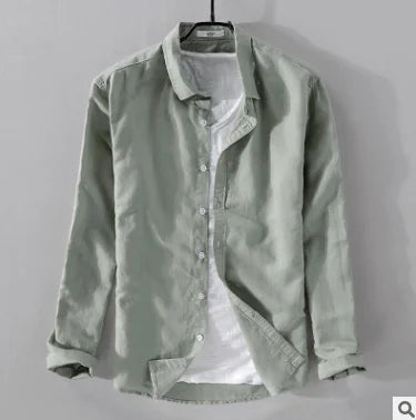 White Cotton Linen Long Sleeve Shirt for Youth Casual