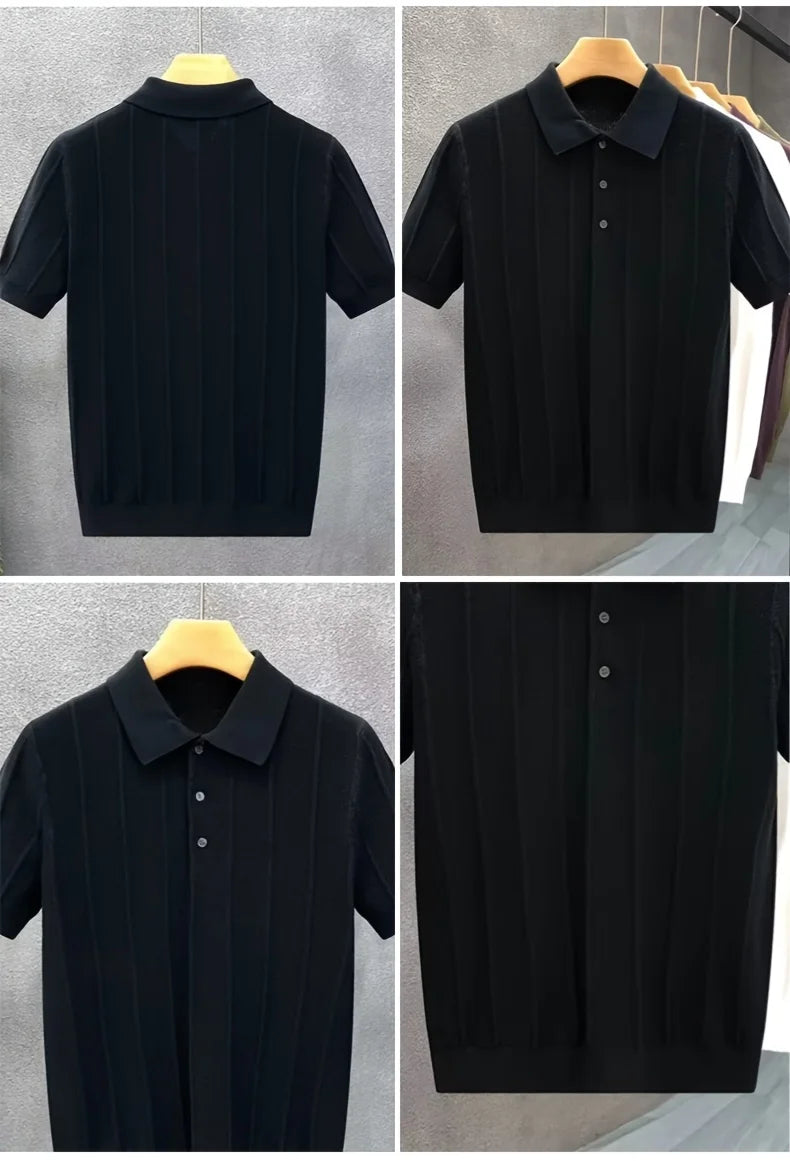 High-end luxury vertical stripe texture short-sleeved Polo shirt knitted top for men - summer new style solid-colored collar woo
