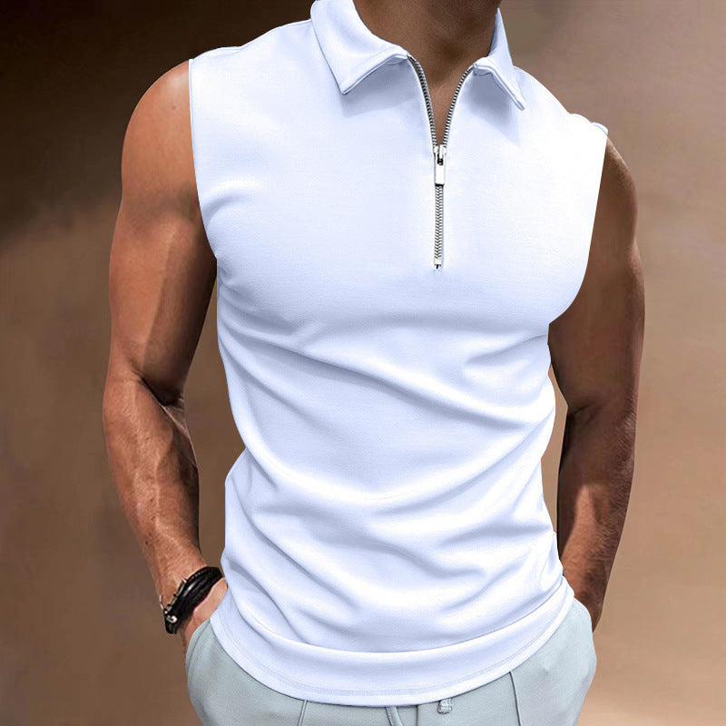 Men's Solid Color Sleeveless Polo Shirt - Casual Tops