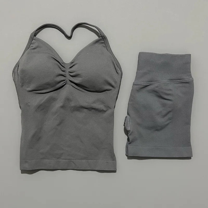 2 Piece Impact Sports Set Women Backless Halter Tops Fitness Tank Top High Waist Seamless High Stretch Shorts Gym Workout Sets