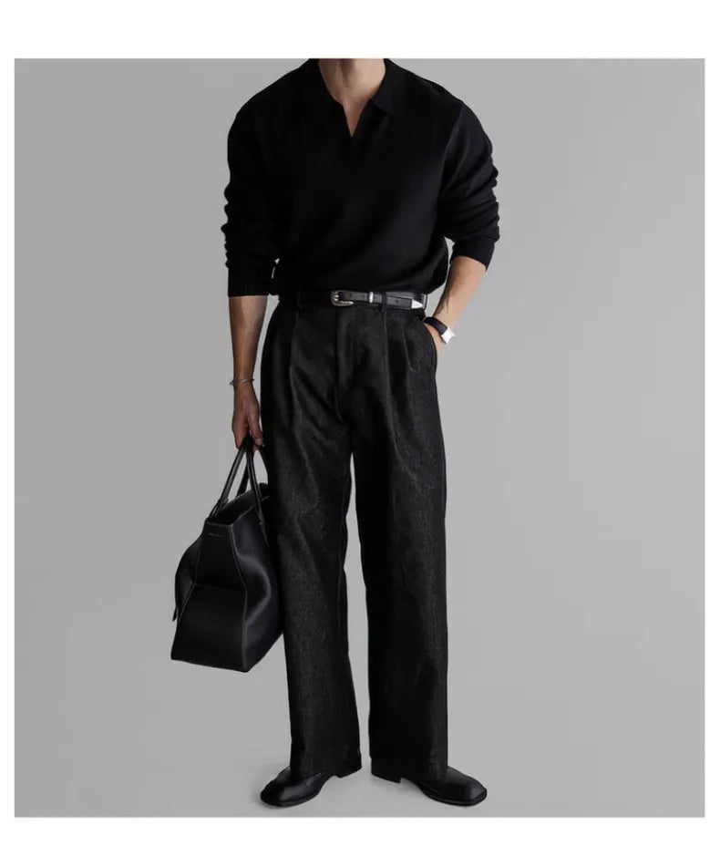 2025 New Oatmeal Color Turn Down Collar Pullover Polo Shirt Men Long Sleeve Regular Shoulder Casual Versatile Sweater Top